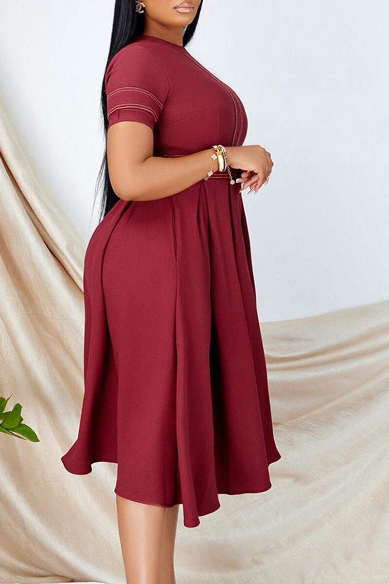 Plus Size Royal Blue Casual High Waist Pleated Round Neck Midi Dresses [New]