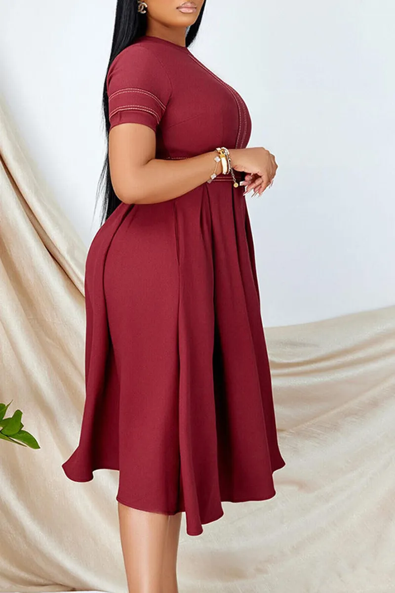 Plus Size Royal Blue Casual High Waist Pleated Round Neck Midi Dresses