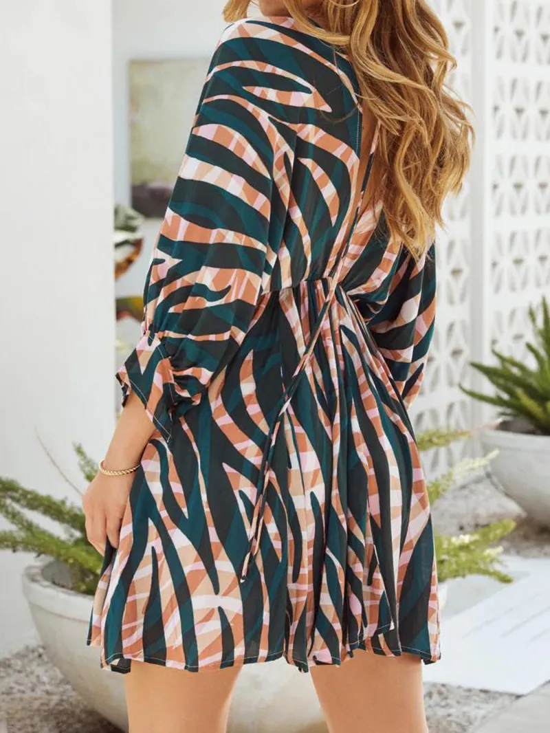 Stripe Print V-Neck Belted Long Sleeve Dress