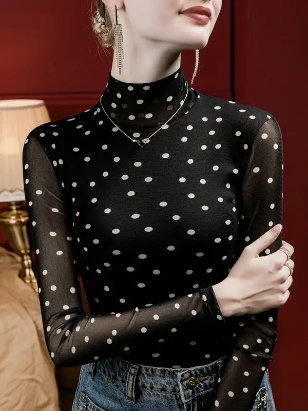 Long Sleeve Curve Fit Polka Dot Mock Neck T-Shirt