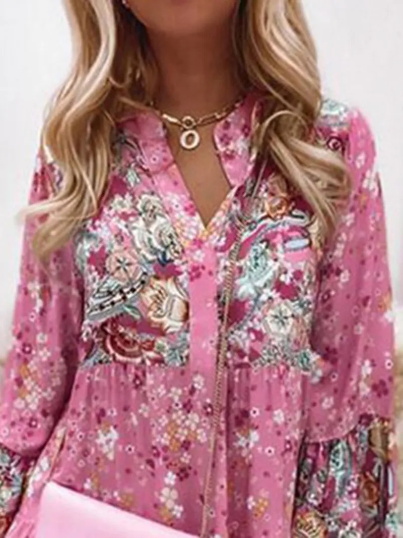 Floral Ruffle Smocked Print V Neck Casual Flare Mini Dress