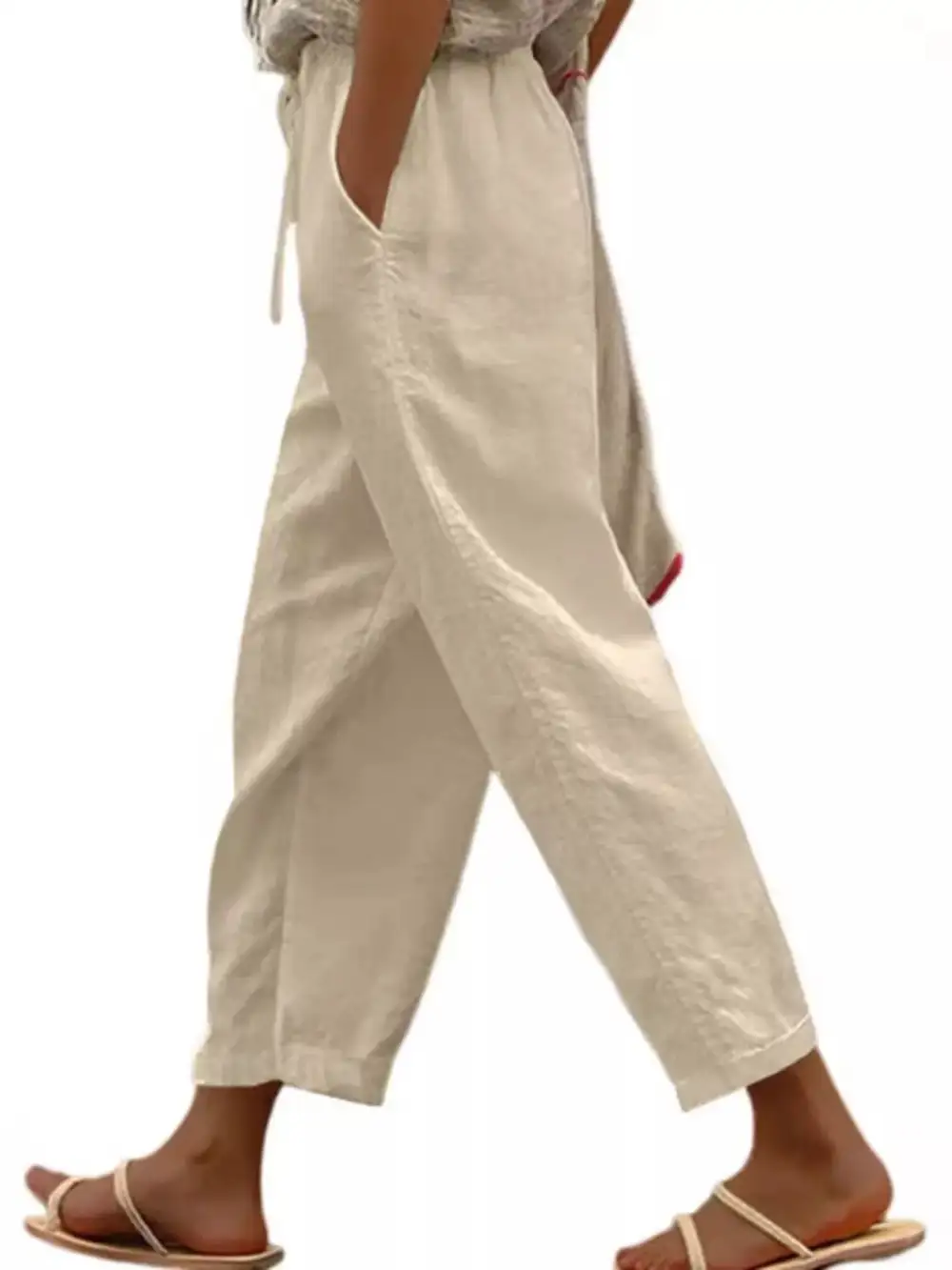 Casual Linen Drawstring Cropped Pants