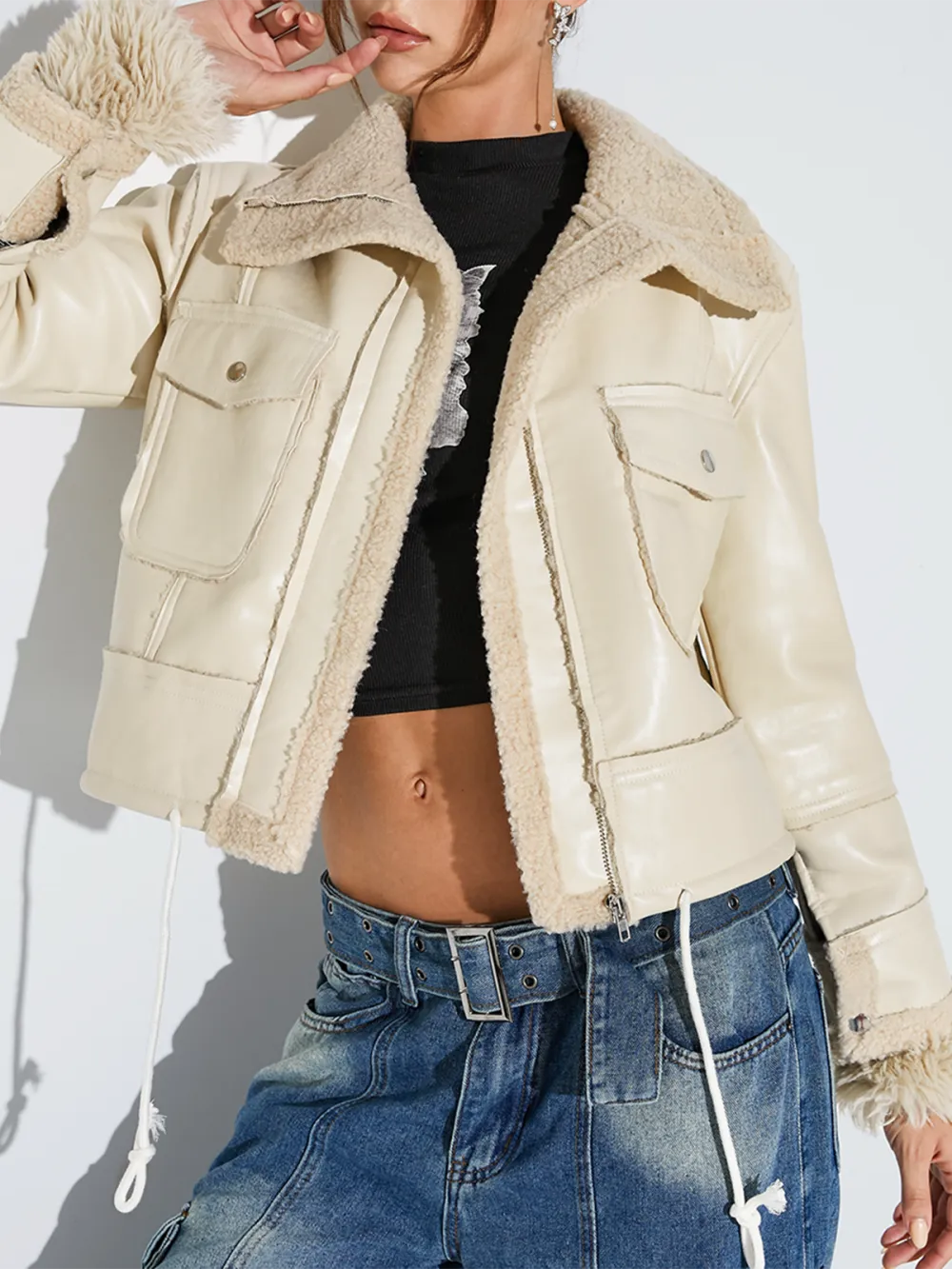 Pu Plain Pocket Shawl Collar Biker Jacket