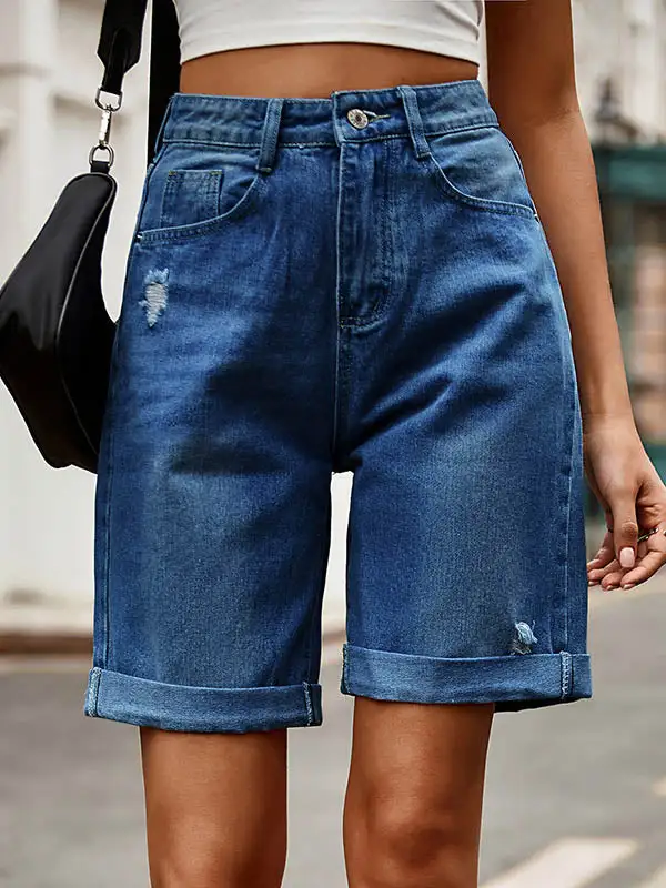 Hoog Getailleerde Losse Zakken Met Knopen Jeansbroeken Shorts