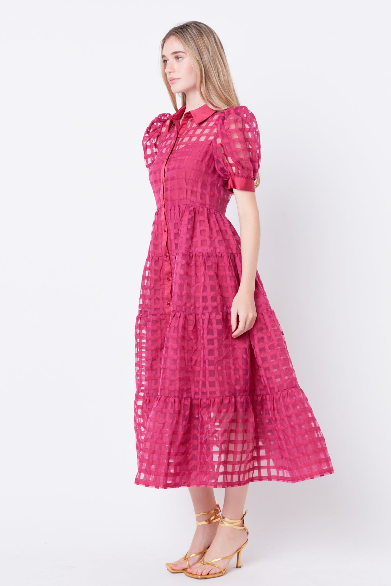 Gridded Organza Tiered Maxi Dress