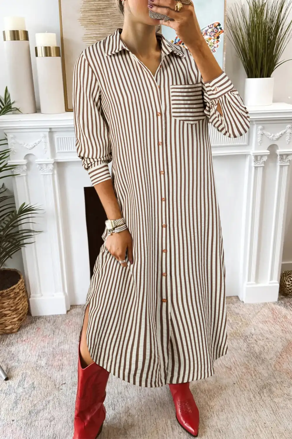 Stripe Bracelet Sleeve Side Slit Midi Dress