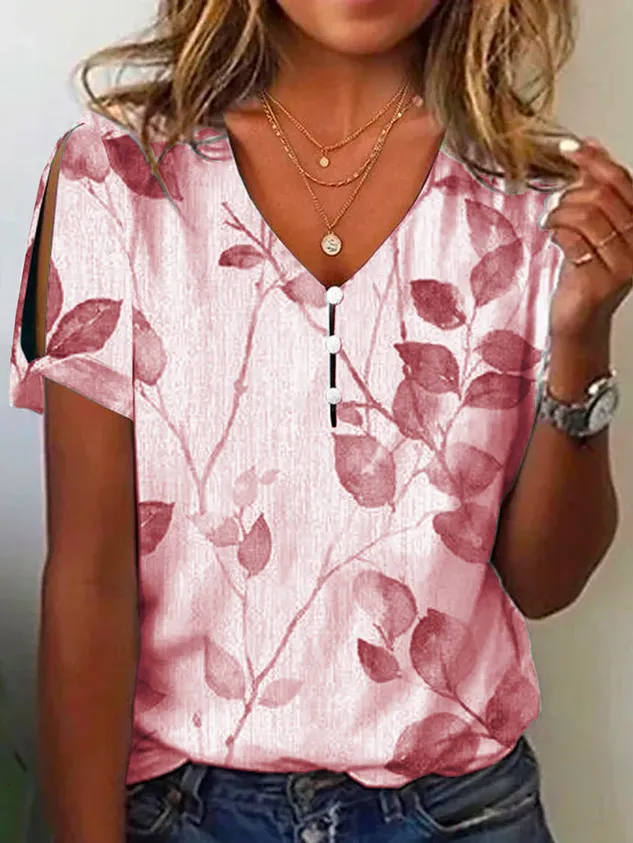 V Neck Casual Leaf Printed Blouse