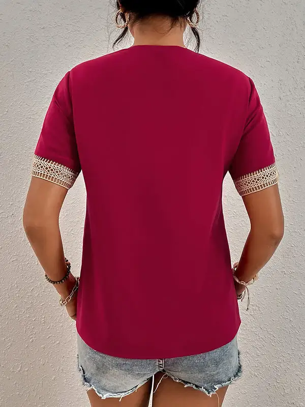Casual Relaxed Lace Detail Panel Detail V-Neck T-Shirt
