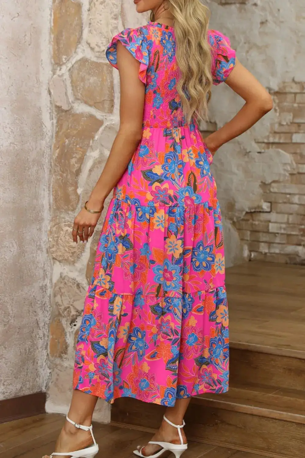 Textured Tie Detail Ruffle Trim Dress