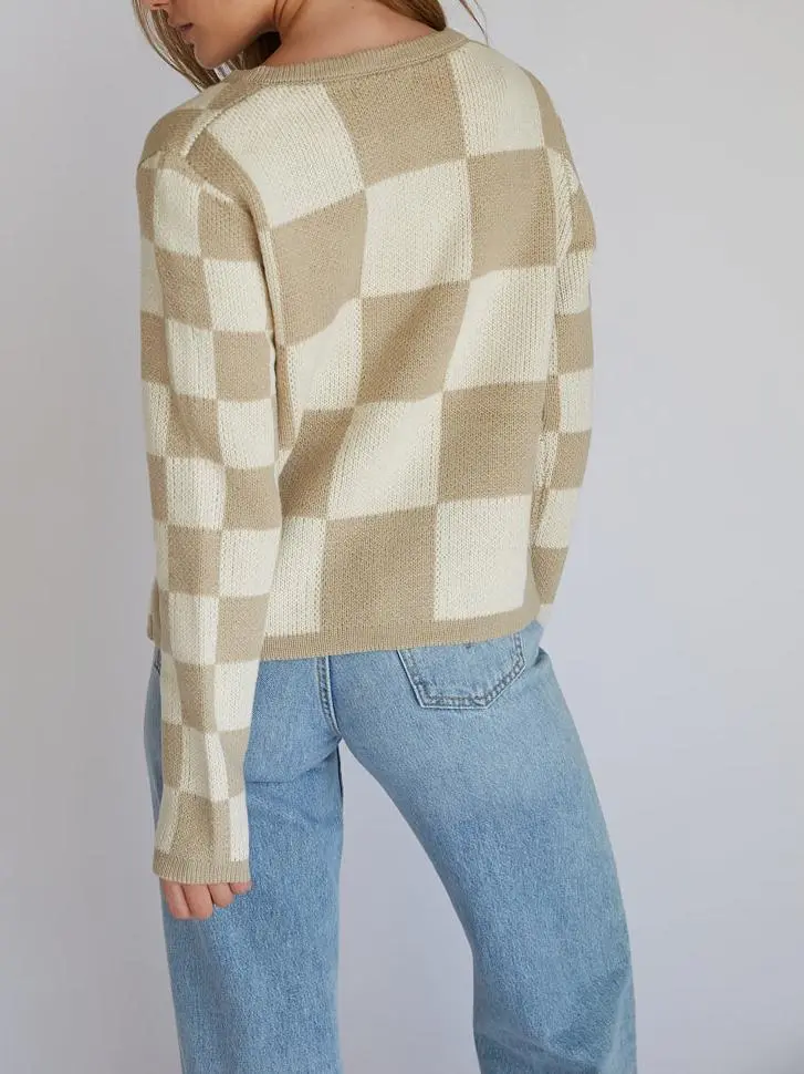 Checkered Knit Bow Cardigan