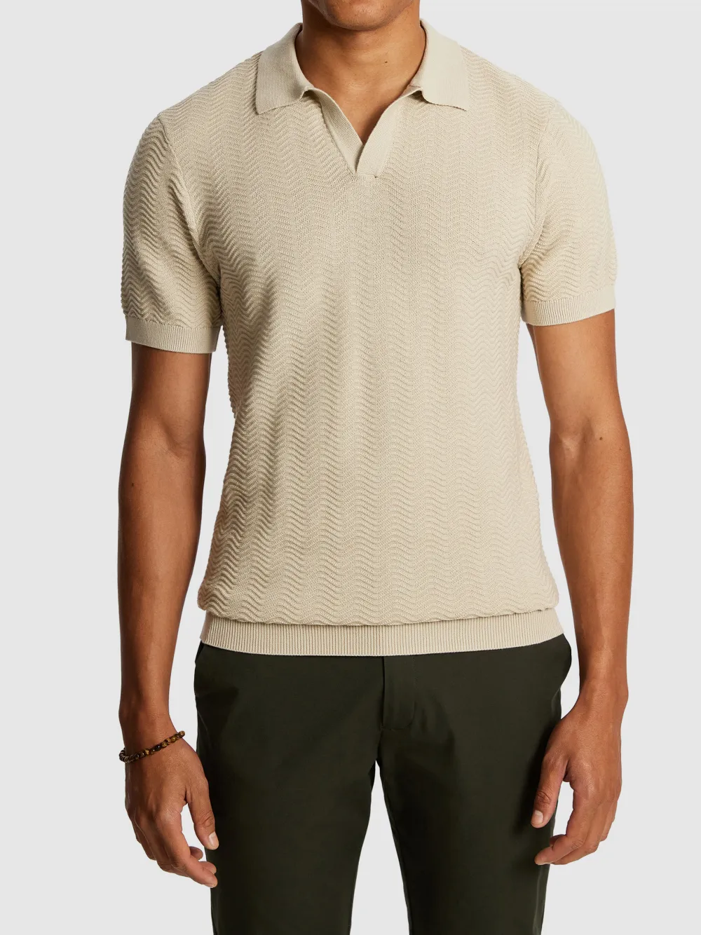 Beige Short Sleeve Smooth Knit Polo Shirt