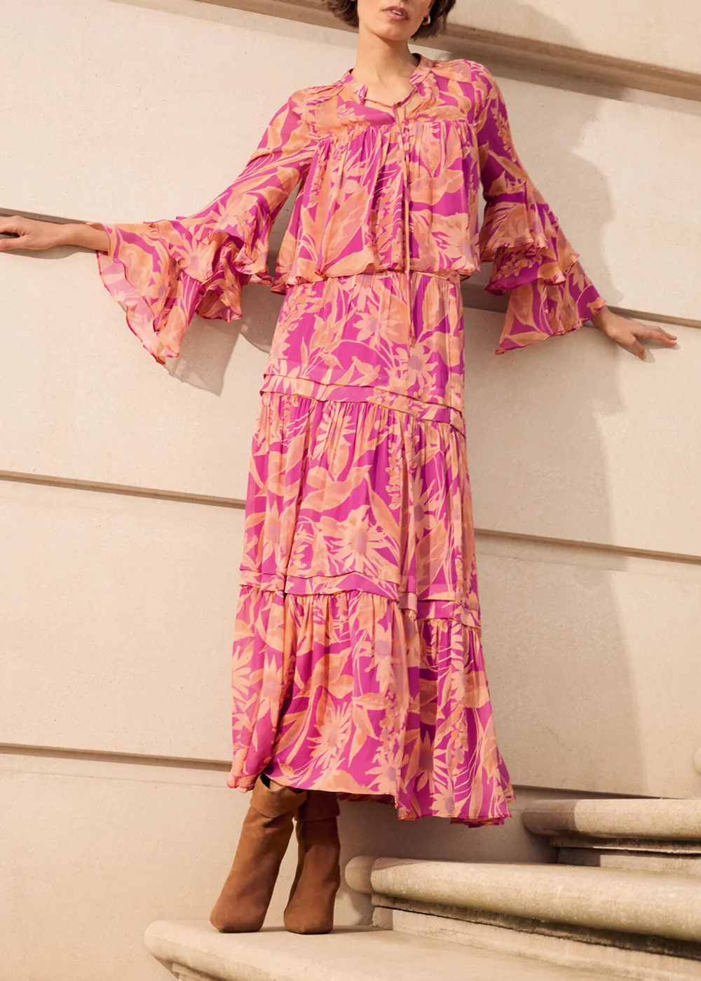 Gauze Floral Half-Length Dress