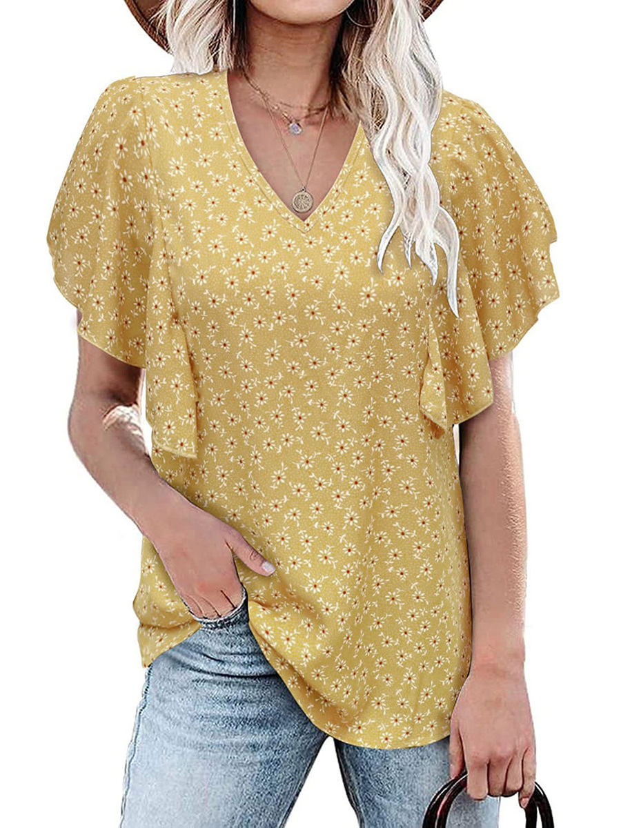 V Neck Floral Pleated Casual Short Sleeved Shirt