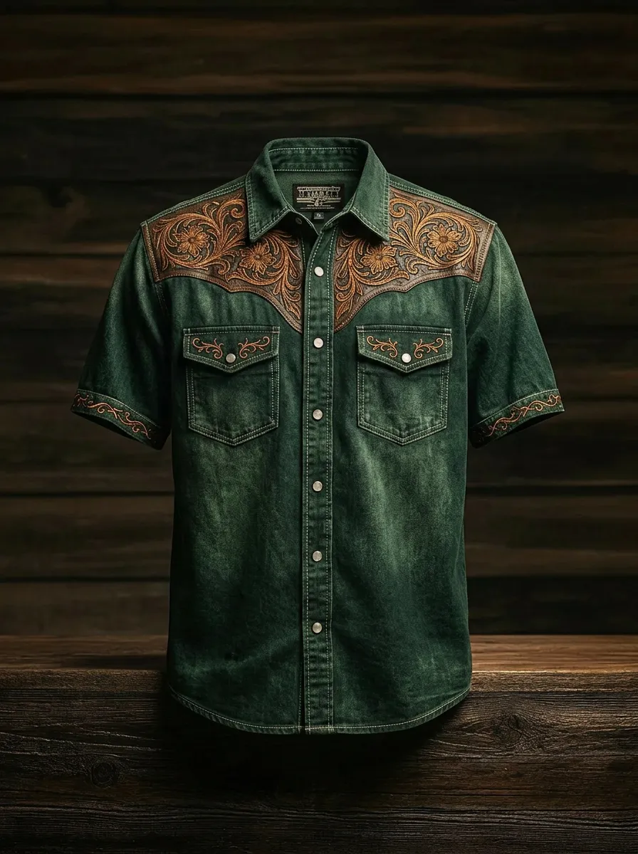 Men's Western Cowboy Floral Tooled Leather Print Short Sleeve Shirt-2