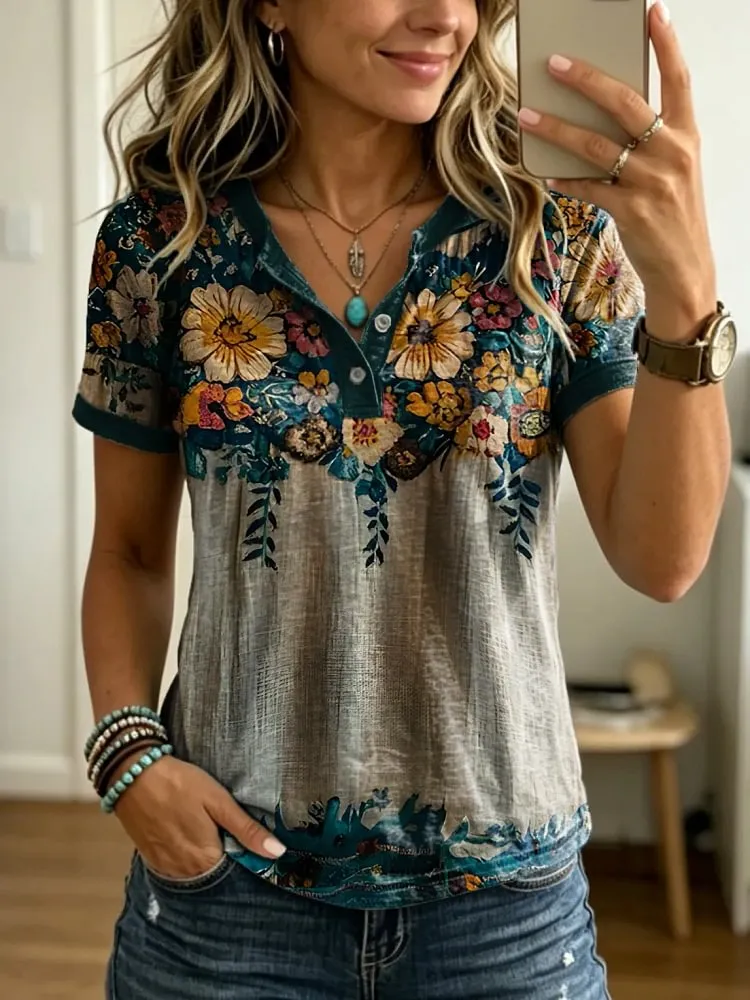 Women'S Retro Floral Print Contrasting Henley Collar T-Shirt