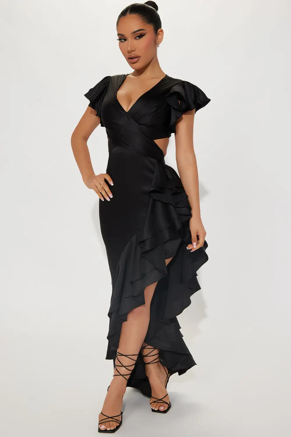 Carrie Satin Ruffle Maxi Dress - Black