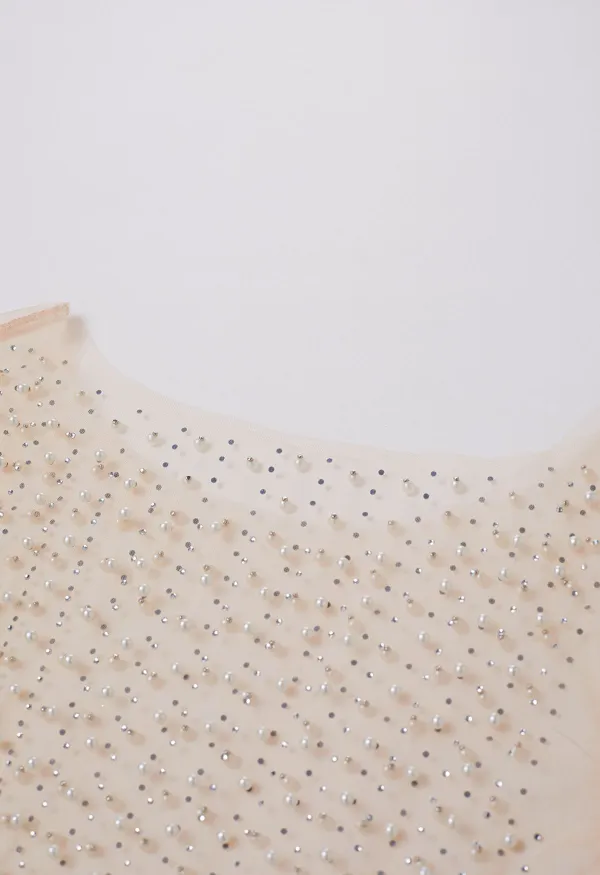 FULL PEARL EMBELLISHED SHEER MESH TOP IN TAN