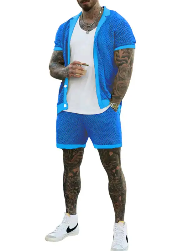 Knit Lapel Collar Short Sleeve Shorts