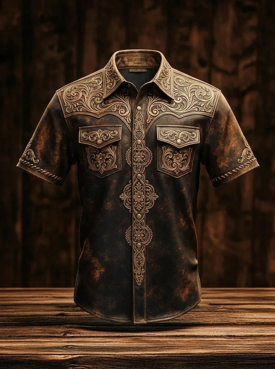 Men's Western Cowboy Floral Tooled Leather Printed Shirt-4