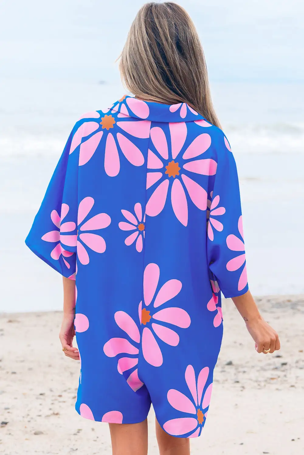 Flower Print Shirt Collar Button Front Loose Romper