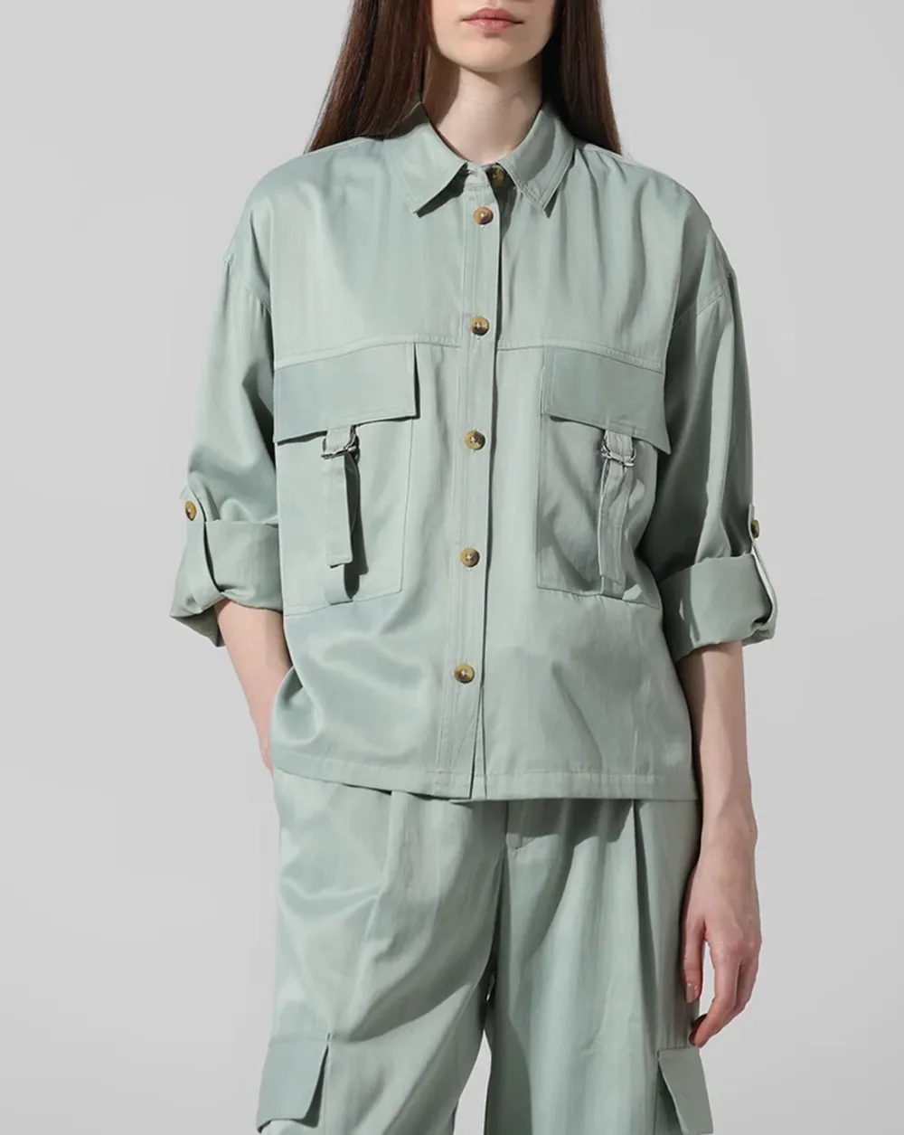 Green Utility Loose Fit Co-ord Set Shirt