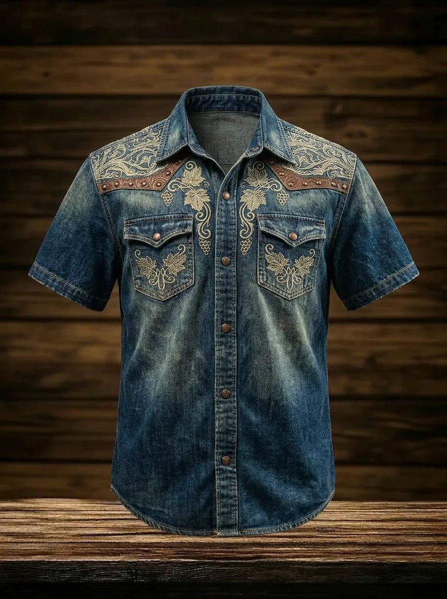 Men's Western Cowboy Floral Embroidered Printed Denim Shirt