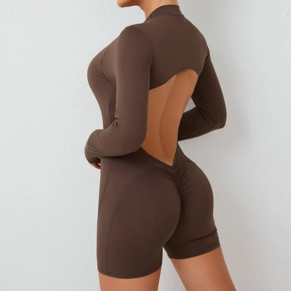 Hollowed-Out Back Half Zipper Onesie Peach Hip Exercise Fitness Big Backless Quick Dry One-Piece Yoga Suit