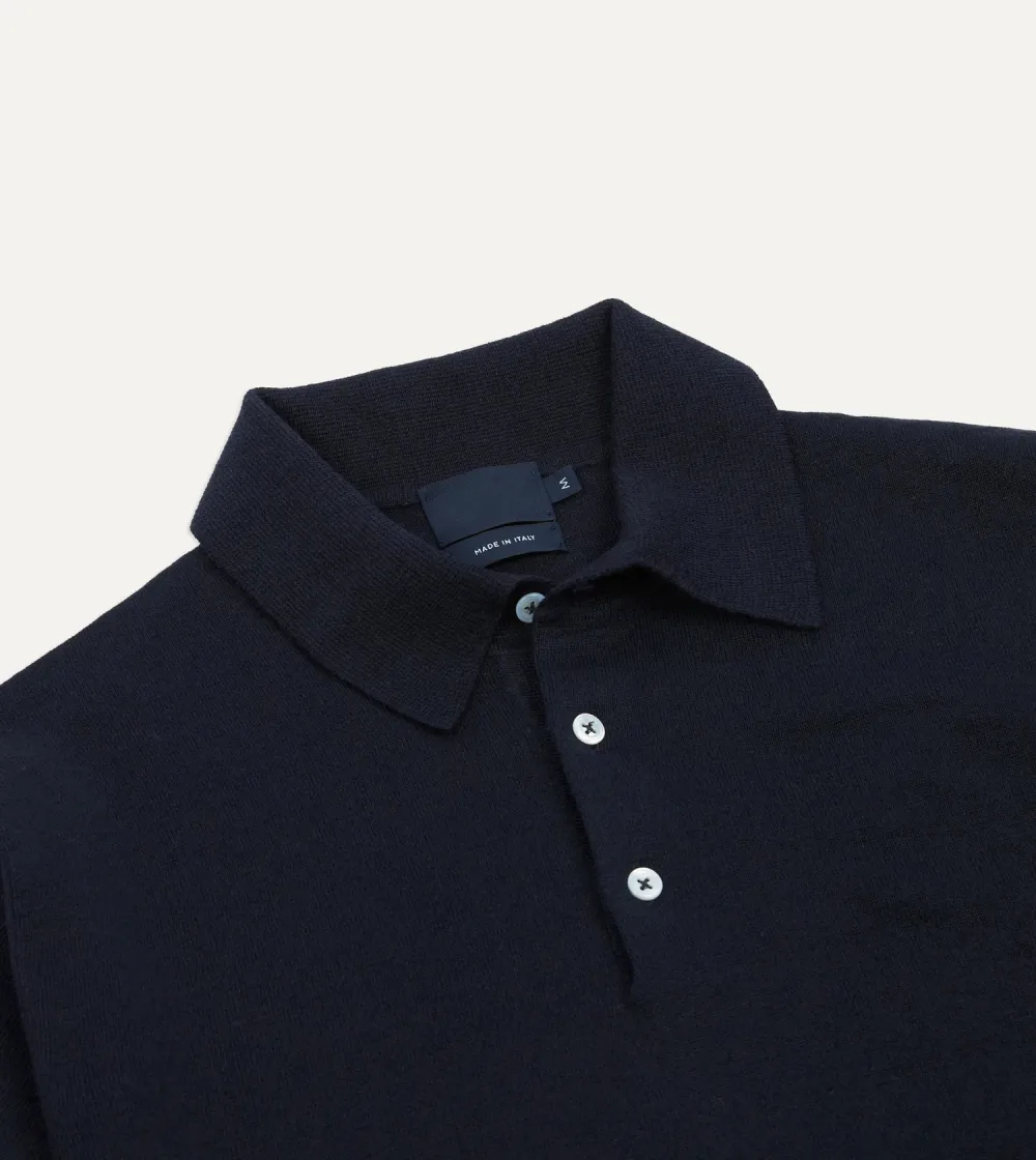 Casual Style Navy Knitted Linen-Cotton Short-Sleeve Polo Shirt