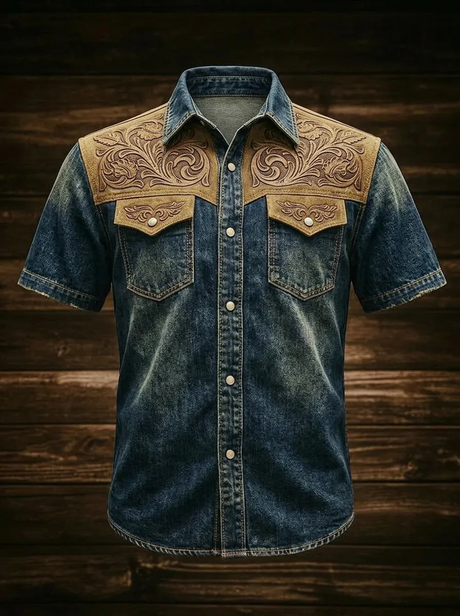 Men's Western Cowboy Floral Tooled Leather Print Denim Shirt