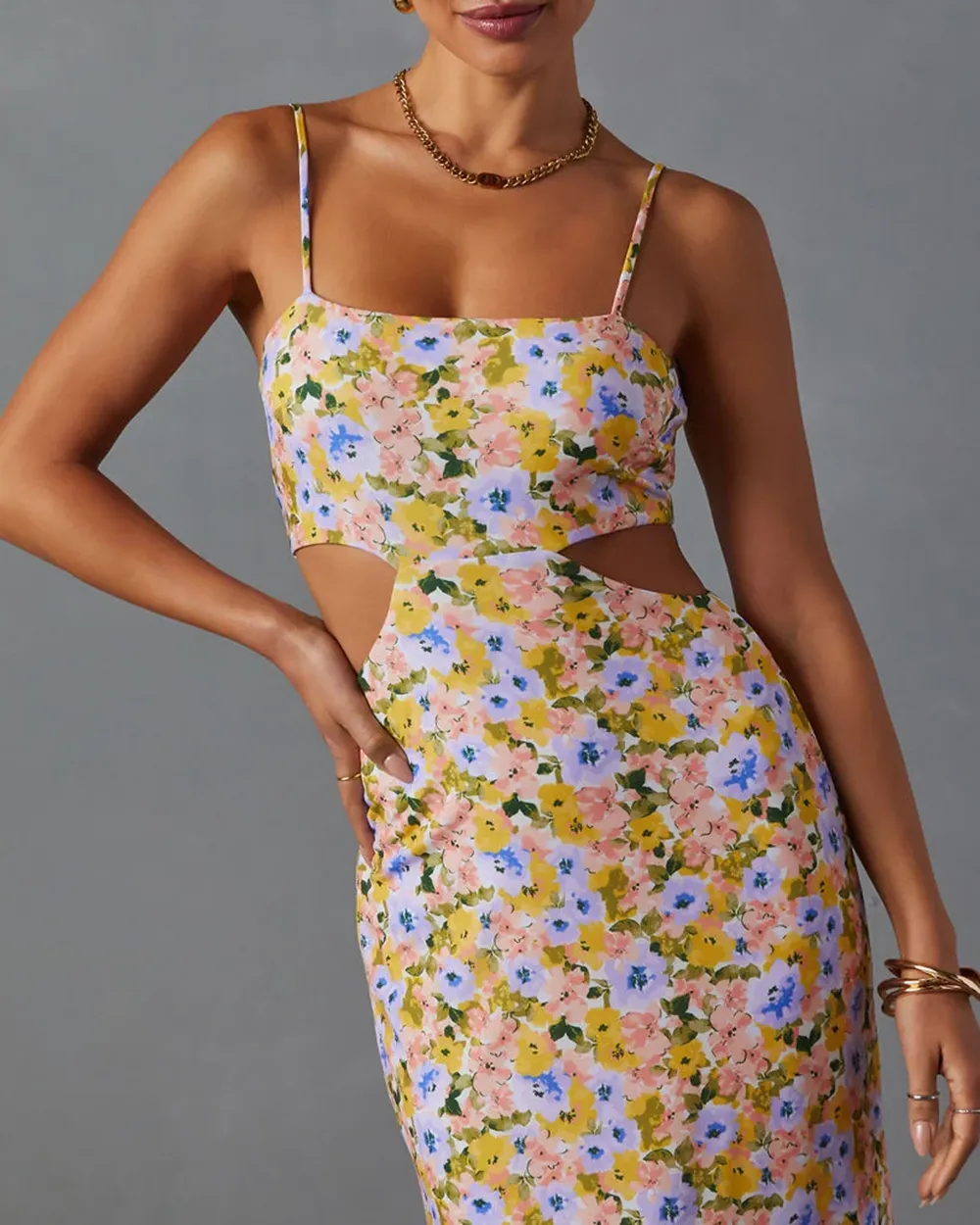 Cutout Floral Print Midi Dress