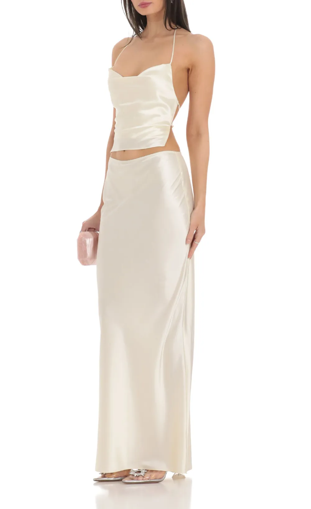 Satin Slip Two Piece Set in Ivory