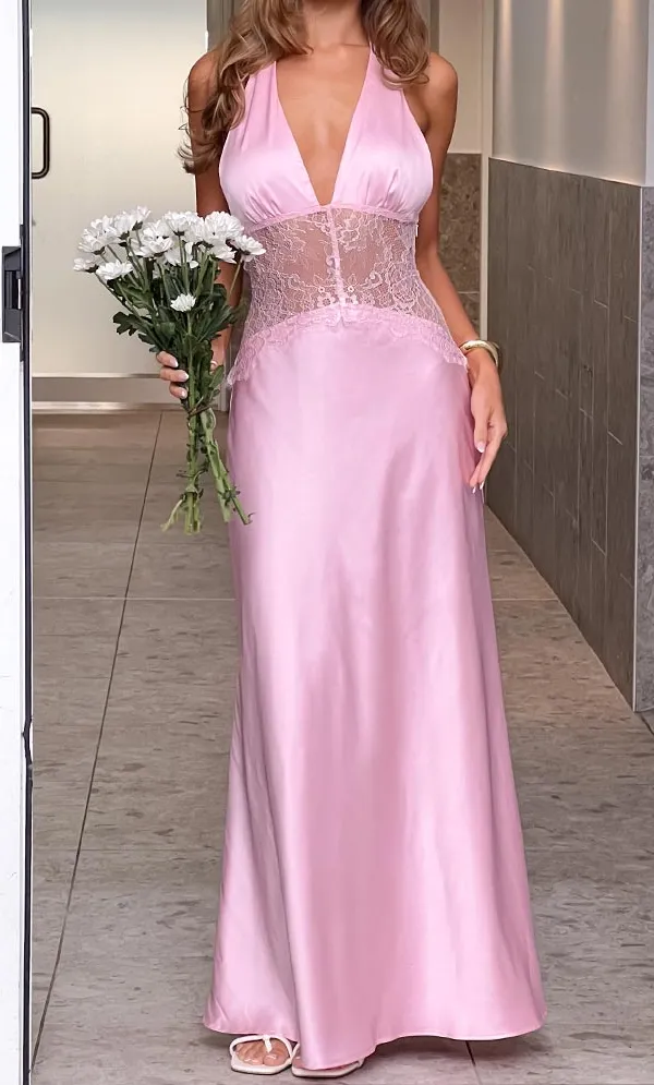 Satin Lace Halter Maxi Dress
