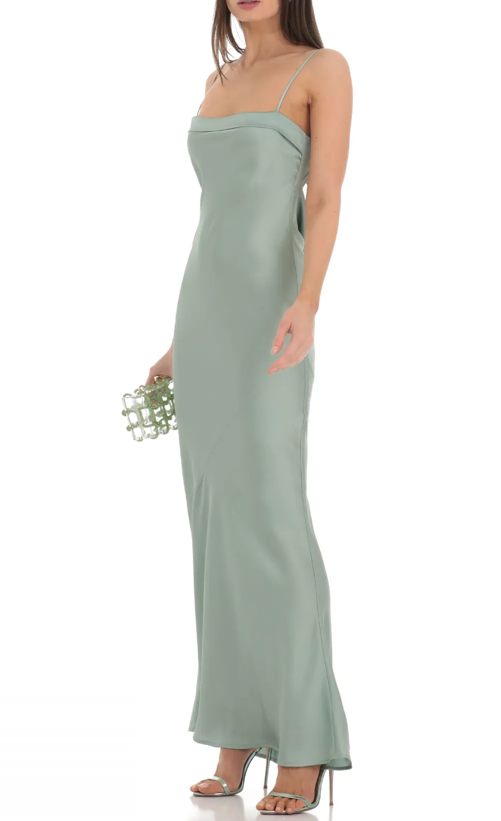 Satin Open Back Maxi Dress In Sage