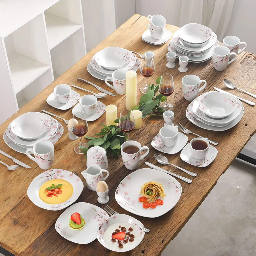 VEWEET, Series Fiona, 100-Piece Plates and Bowls Sets for 12, Including Porcelain Dishes Sets, Bowls, Mugs, Egg Cups, Cup and Saucer Set, Milk Jug and Sugar Pot Set, Microwave and Dishwasher Safe