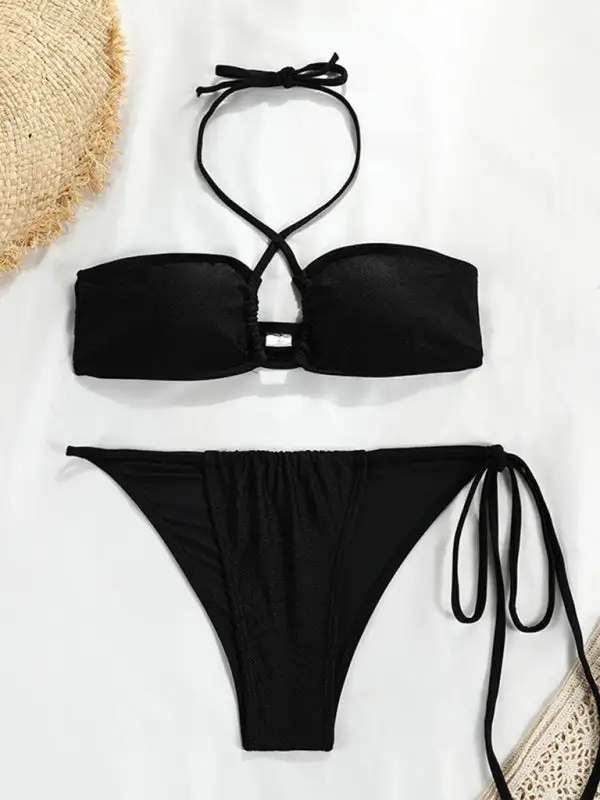 Polka Dot Print Split Bandeau Bikini Swim Set