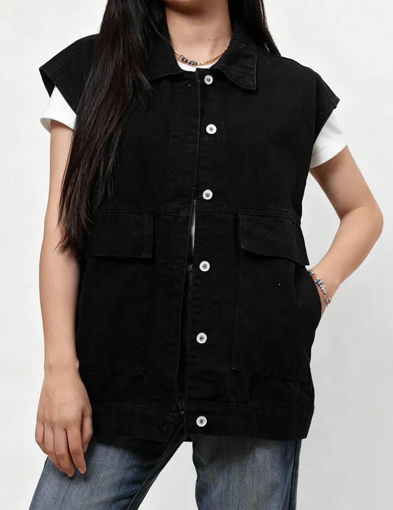 Button Front Turndown Collar Sleeveless Denim Vest