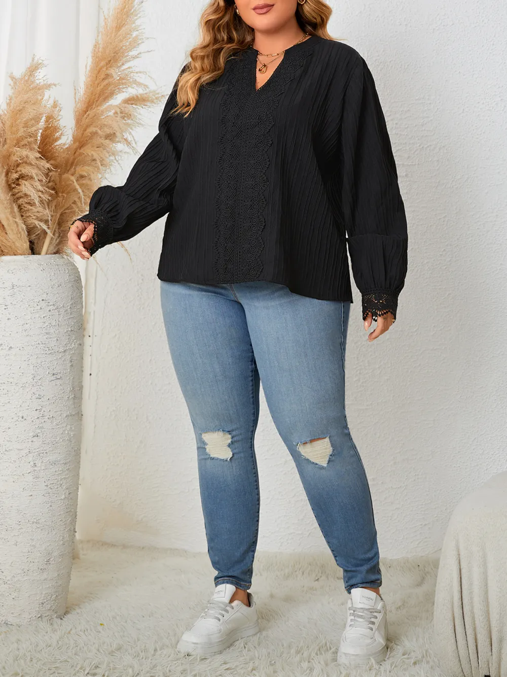 Solid Color V Neck Loose Casual Long Sleeved Plus Size Women Clothing