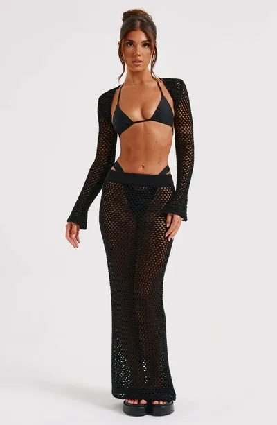 New Seaside Vacation Sunscreen Beach Skirt Sexy Hollow See-Through Long-Sleeved Knitted Suit