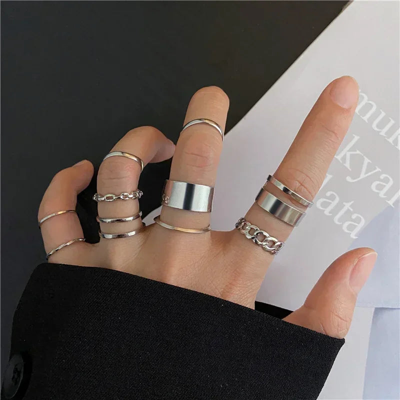 Irbano Punk Ring Set Silver Color Wide Rings For Women Teen Rings Set Gothic Aesthetic Simple Chain Finger Rings Tail ring Set Party