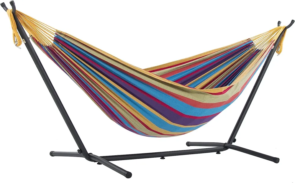 Double Cotton Hammock with Space Saving Steel Stand, Tropical (450 lb Capacity - Premium Carry Bag Included)