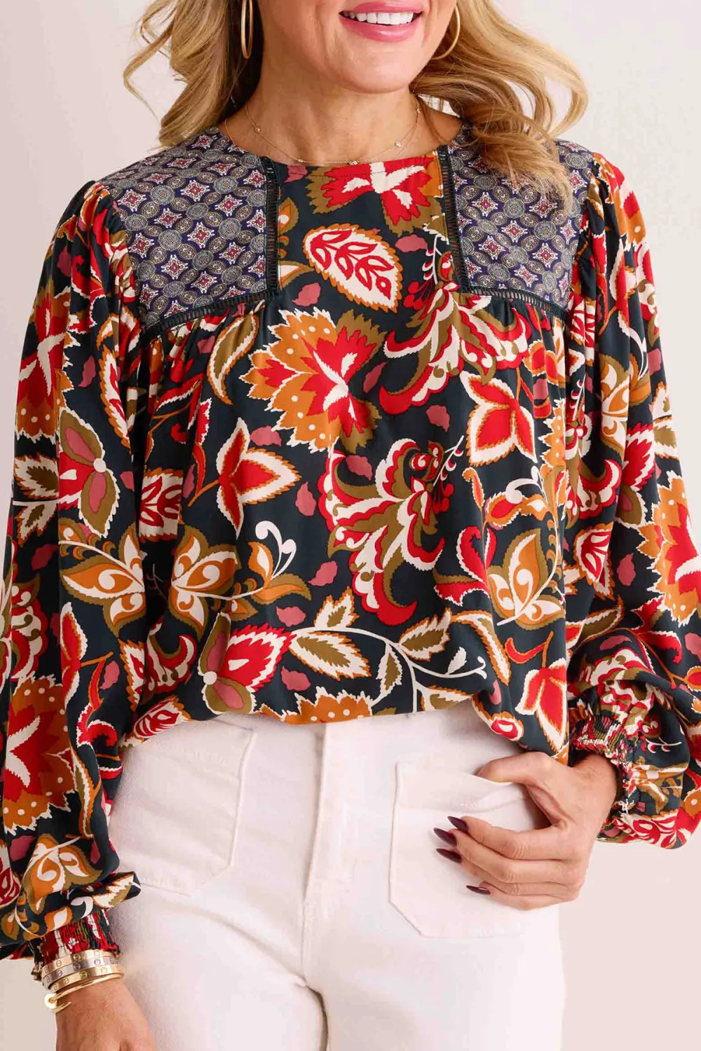 Multicolored Abstract Floral Print Long Sleeve Blouse