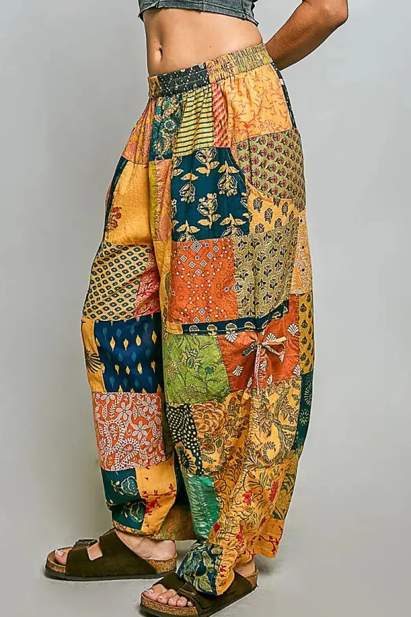 Printed Patchwork Wide Leg Pants with Adjustable Side Drawstring