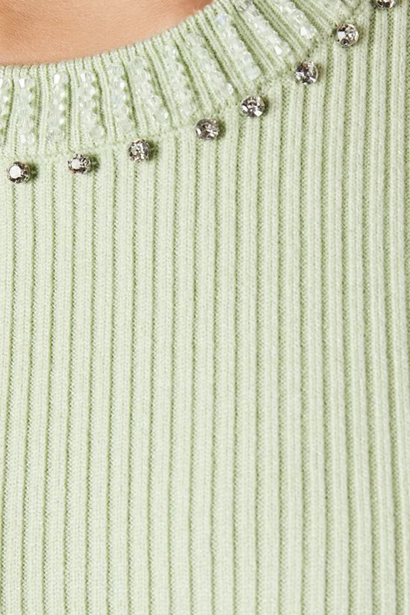Casual Style Sage Embellished Neck Ribbed Puff Sleeve Knitted
