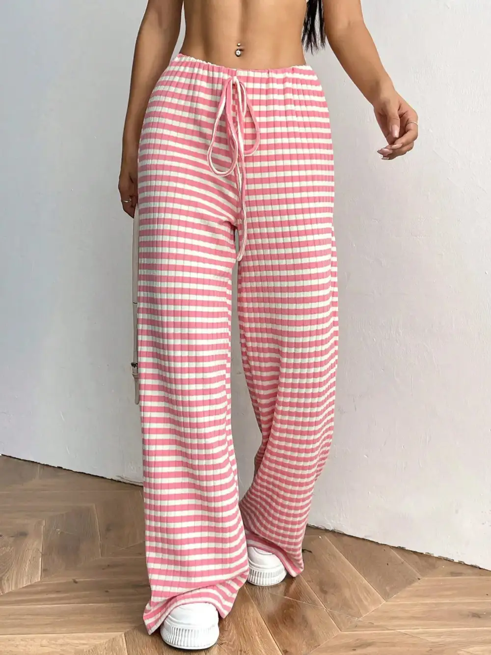 Relaxed Striped Wide Leg Drawstring Pants