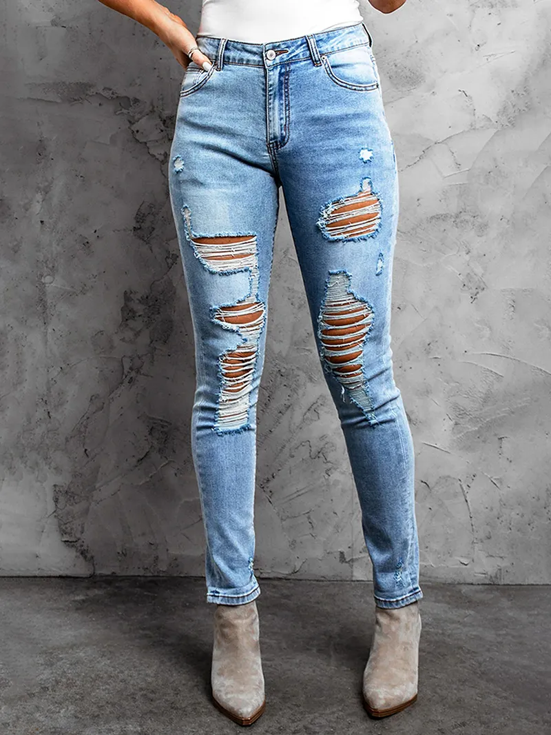 Casual ripped solid color women's jeans