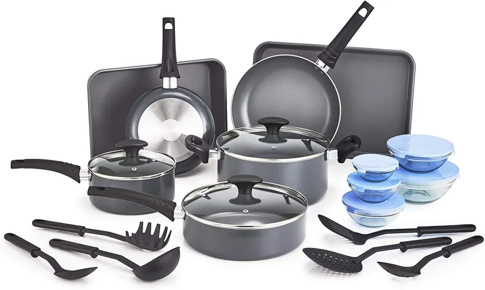 21 Piece Cook Bake and Store Set, Kitchen Essentials for First or New Apartment, Assorted Non Stick Cookware, 9 Nylon Hassle-Free Cooking Tools, 5 Glass Storage Bowls w Lids, BPA & PFOA Free