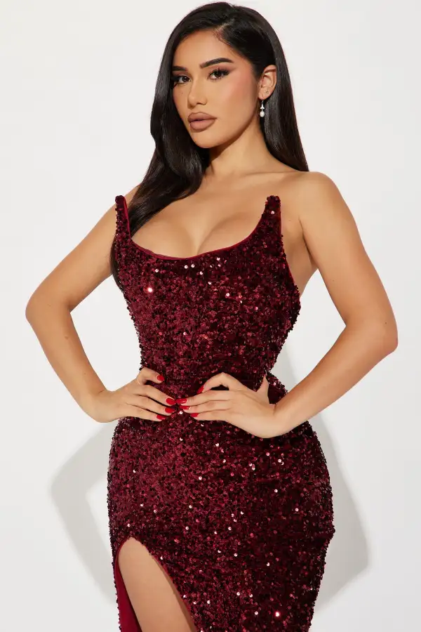 Glamour Sequin Gown - Burgundy
