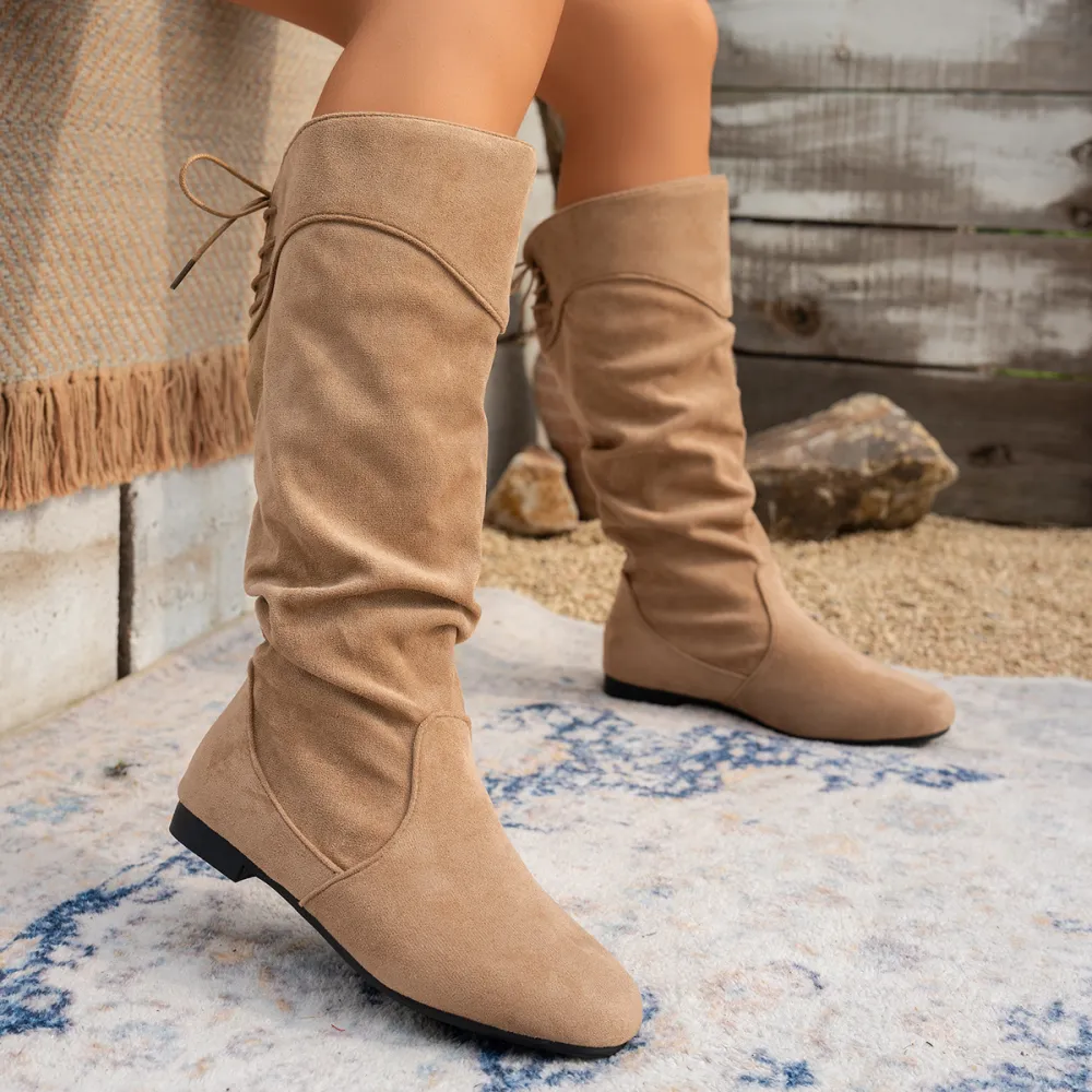 Women's Fashion Boots European American Style Suede Chunky Heel Mid-Calf Boots