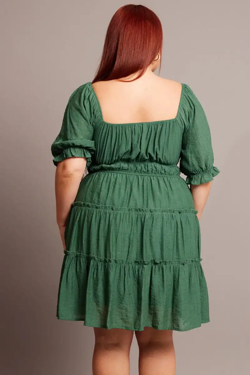 Green Mini Dress With Elastic Waist And Frill Skirt