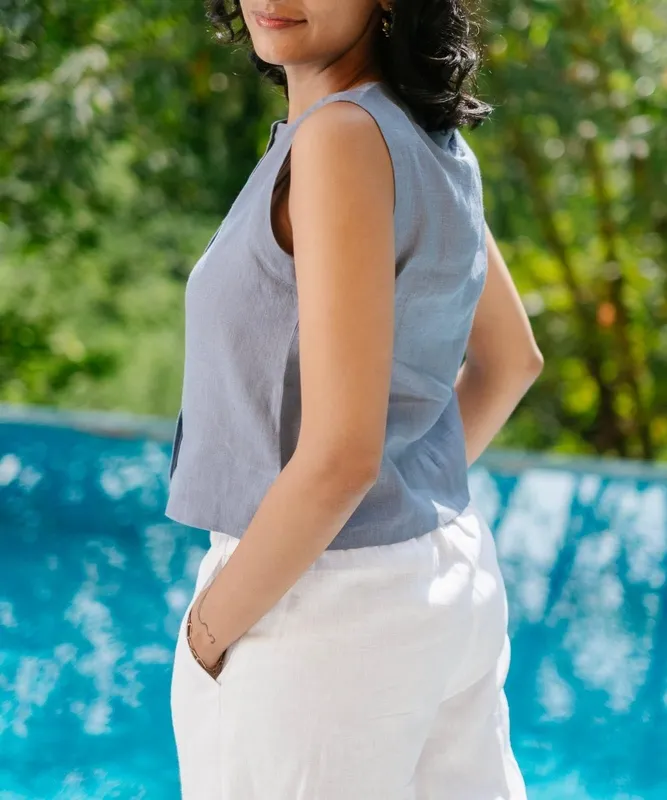 Wildflower Blue Linen Sleeveless Shirt